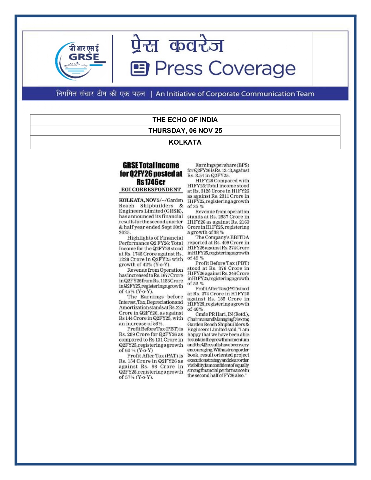  Press Coverage: 06 Nov 25: THE ECHO INDIA  